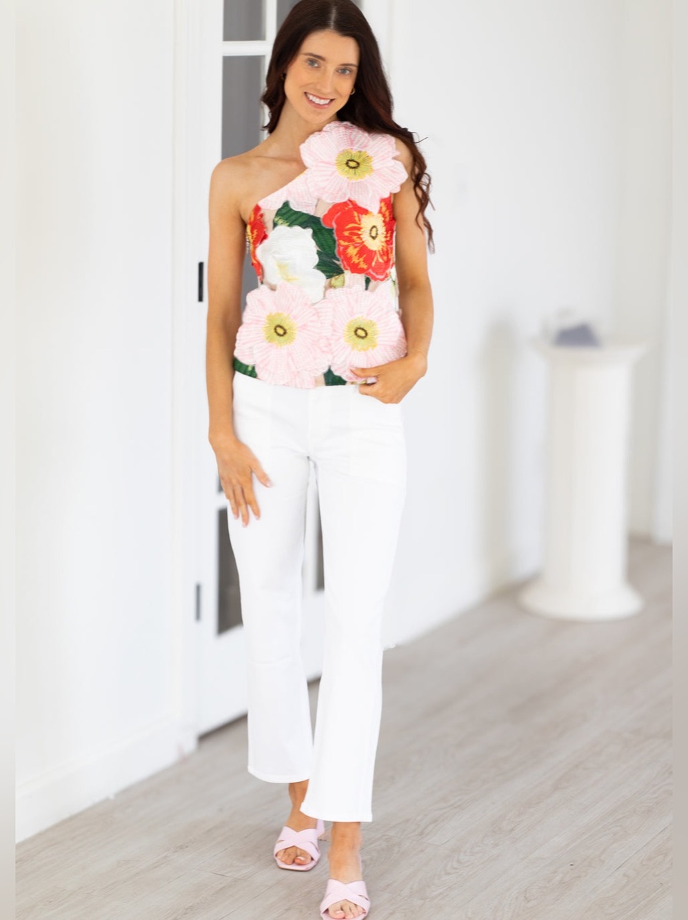 Elliatt Solara 3D floral One Shoulder Top Woven in Red Pink Multi Size S NWT